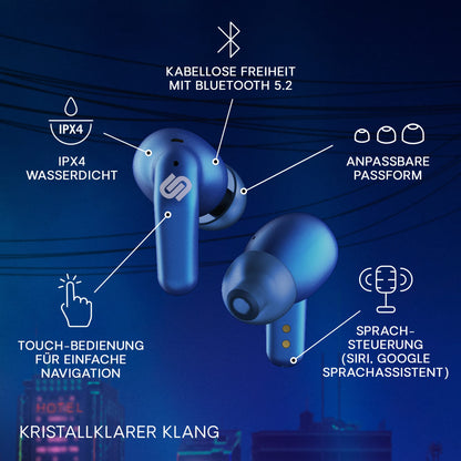 Urbanista Seoul In Ear Headphones | Wireless Earbuds with Microphone | 70ms Low Latency Gaming Earbuds | Dual-Mode Bluetooth Earphones | Fast Charging USB-C Headphones | 32 Hr. Playtime | Blue
