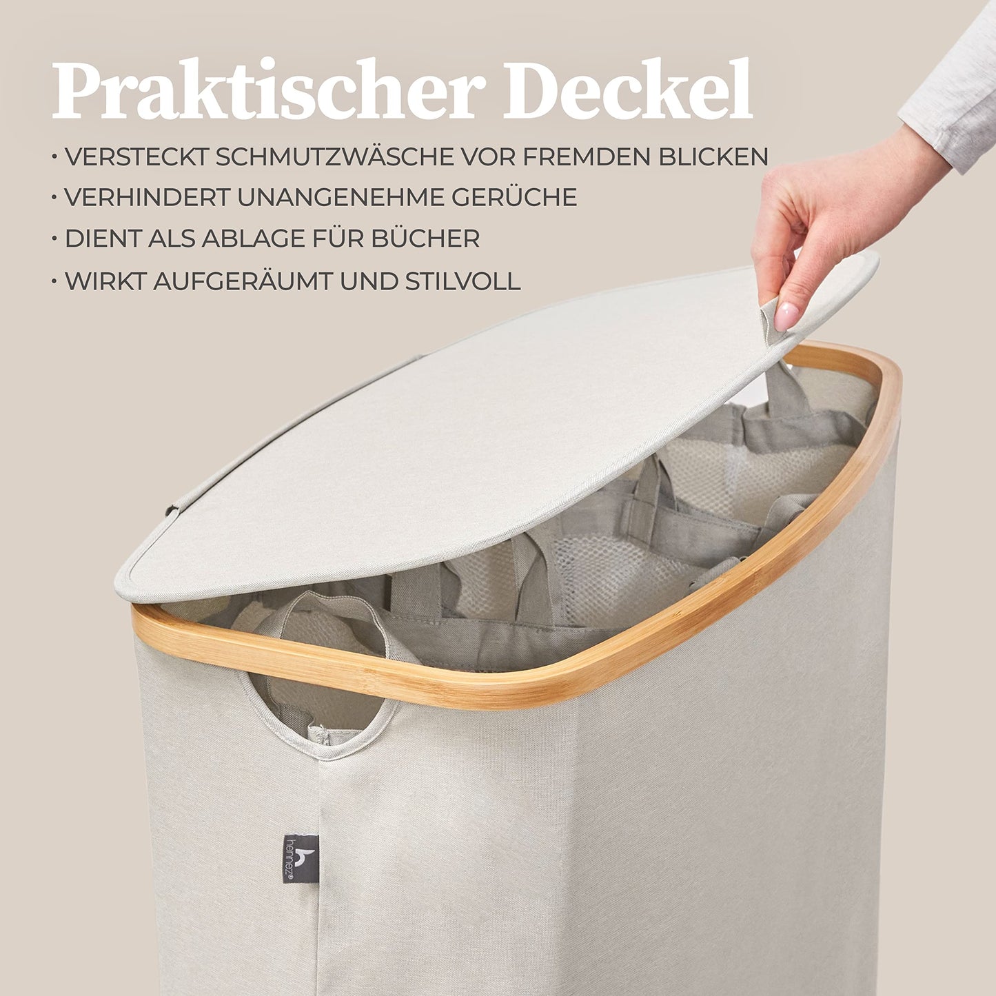 Henno's Laundry Box 150L - Laundry Basket 3 Compartments - Lid - Laundry Sorter with Laundry Bag - Laundry Baskets - Beige Bamboo - Laundry Bin - Laundry Sorting System - Laundry Collector