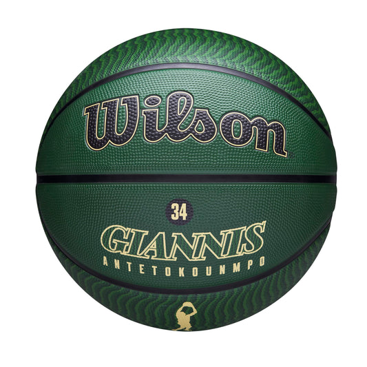 Wilson Basketball, NBA player icon for outdoor play featuring Giannis Antetokounmpo of the Milwaukee Bucks. Size 7, in green/beige color scheme for use both indoors and outdoors.