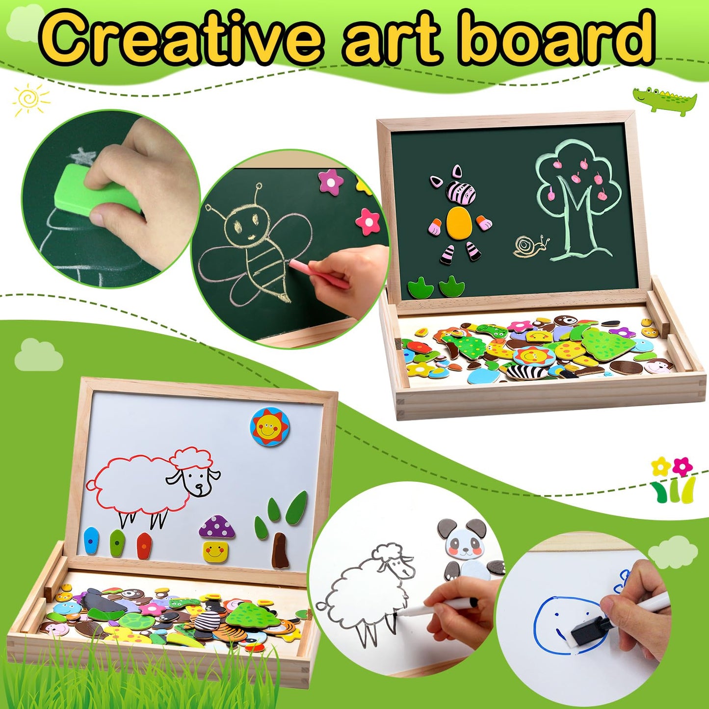 Uping Magnetic Wooden Puzzle 100 Pieces, Double-Sided Magnetic Board, Drawing Board Colored Pencils Chalks, Forest and Animal Puzzles Toy for Ages 3+