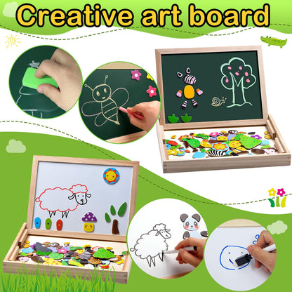 Uping Magnetic Wooden Puzzle 100 Pieces, Double-Sided Magnetic Board, Drawing Board Colored Pencils Chalks, Forest and Animal Puzzles Toy for Ages 3+