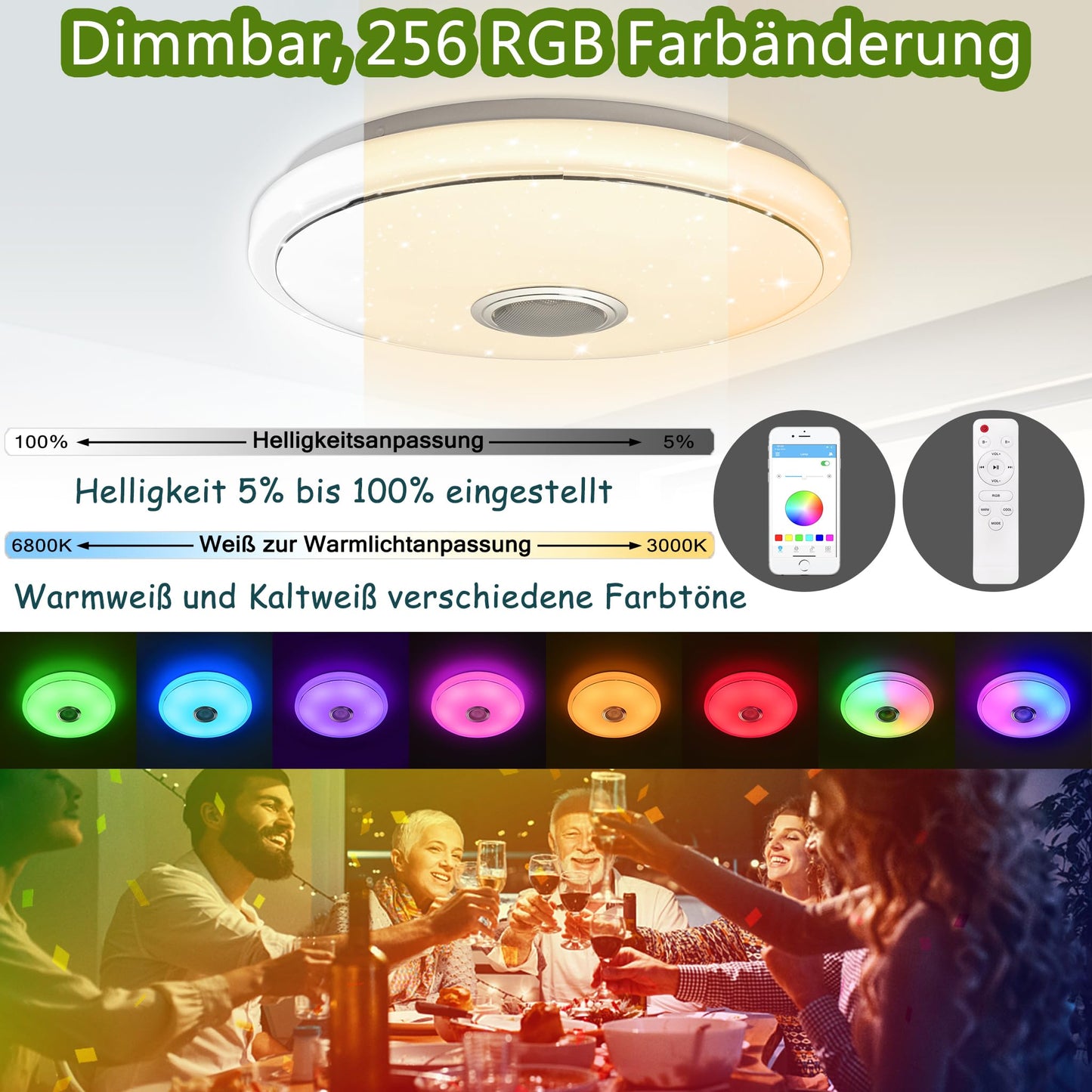 YRHome 48W LED Ceiling Light Dimmable with Bluetooth Speaker Ceiling Lamp Starry Sky RGB Color Changing with Remote Control or APP Control Music Playback for Bedroom Kids Room