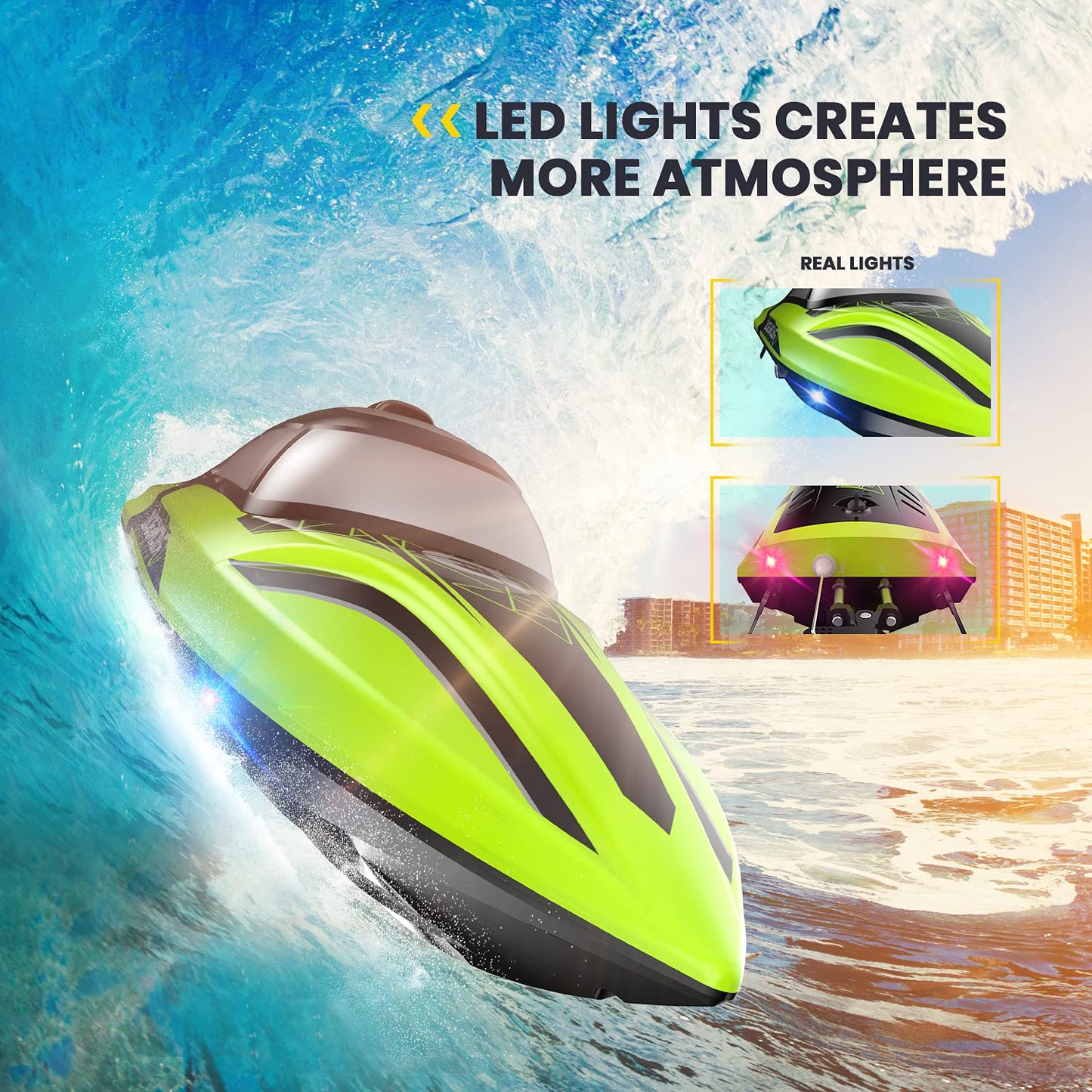 DEERC RC boat with LED light, remote controlled, for pools and lakes, 20+ km/h, 2.4GHz racing boats with 2 batteries, pool toy for kids, remote controlled watercraft (Green)