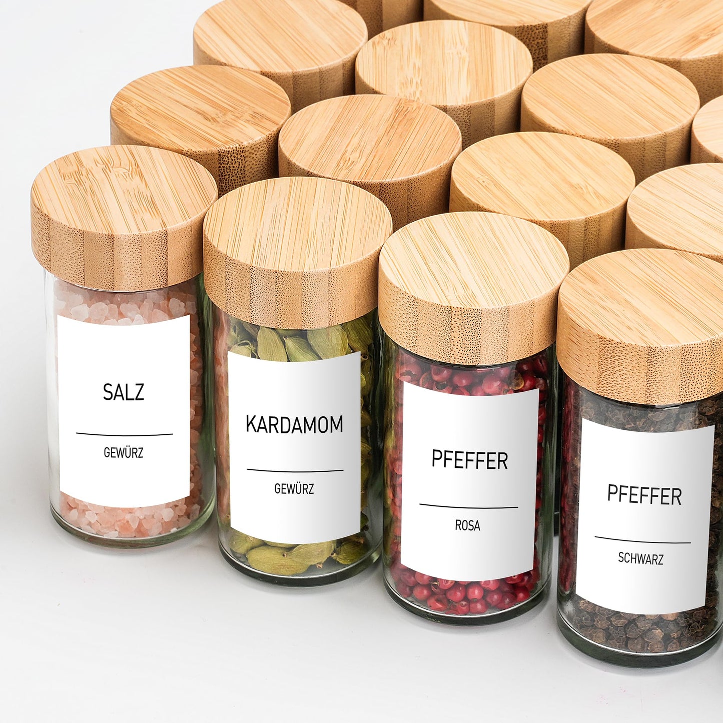Happy Lemuro Spice Jars Round [12 x 100ml] 399 Spice Labels, Bamboo Lids | Spice Containers with Wooden Caps & lots of accessories. Set of 24 Spice Jars, Spice Storage Organizer.