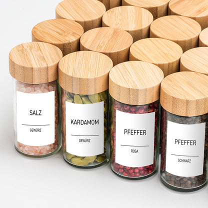 Happy Lemuro Spice Jars Round [12 x 100ml] 399 Spice Labels, Bamboo Lids | Spice Containers with Wooden Caps & lots of accessories. Set of 24 Spice Jars, Spice Storage Organizer.
