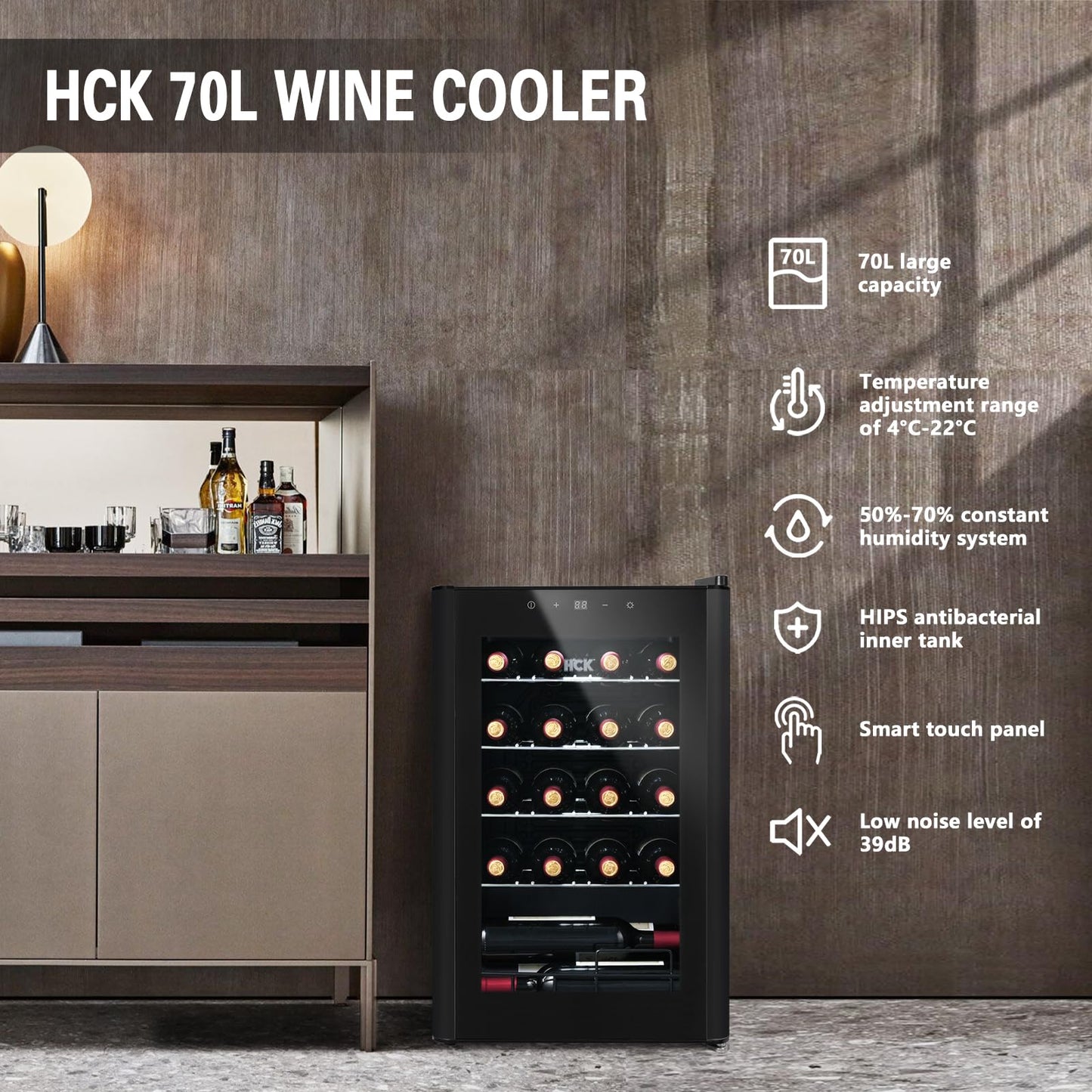 HCK 70L Wine Cooler for 24 bottles, 4-22°C Wine Fridges Bottle Cooler, Beverage Cooler with Glass Door, Quiet Wine Cabinet, Frost-Free Glass Door, Full Glass Touch Panel, Black