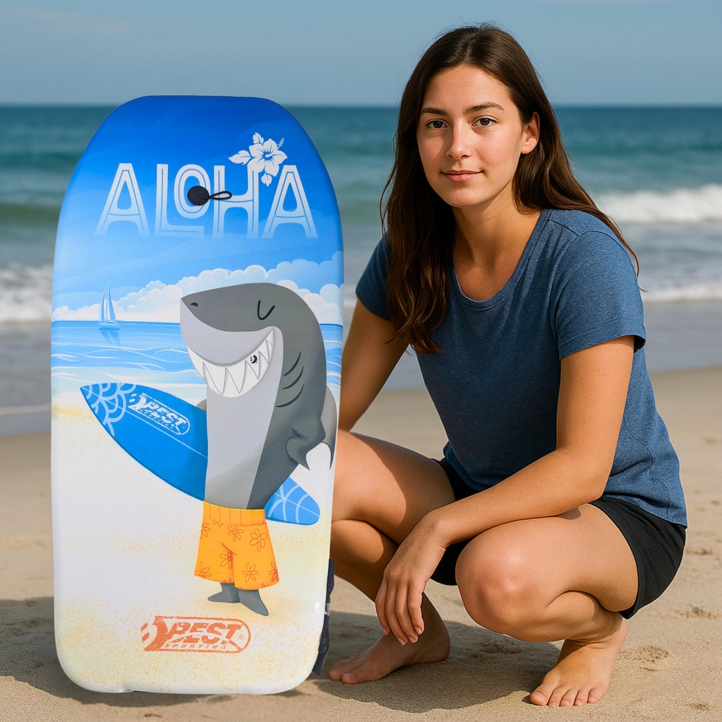 BEST SPORTING Bodyboard Kids - Lightweight surfboard for beach, ocean & pool | 92 x 46 x 5 cm | Various designs available | Includes leash for secure grip (Aloha)