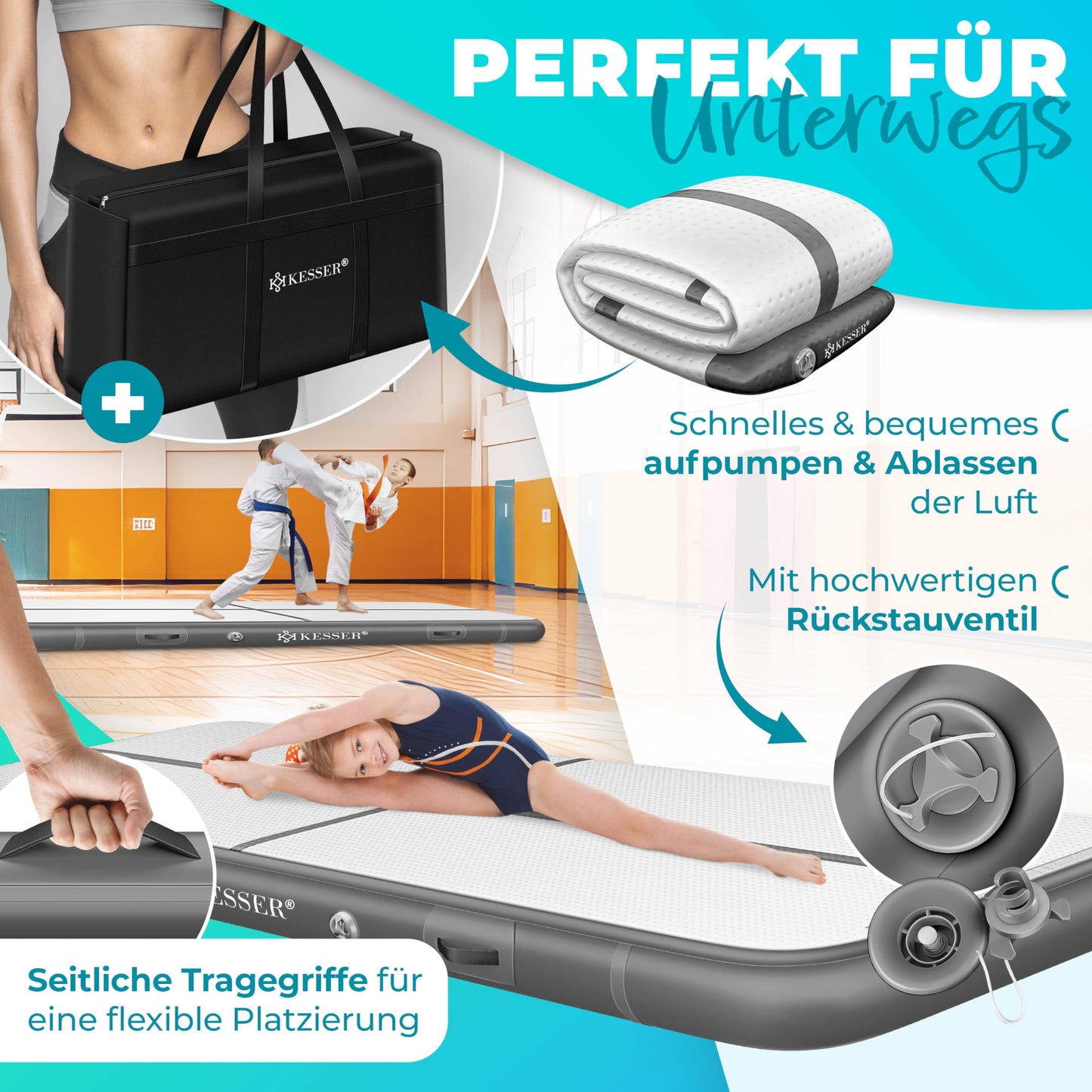 KESSER® inflatable Airtrack fitness mat gymnastics mat | incl. carrying bag & electric air pump | yoga mat, tumbling mats, training mat (anthracite, 300 x 100 x 10 cm)