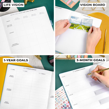 Clever Fox Planner PRO Premium Edition - Luxurious weekly and monthly planner + budget planner for productivity and goal achievement, undated, storage box, lasts 1 year, Aquamarine