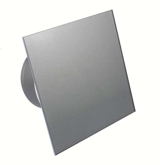 Bathroom fan with integrated backdraft damper, glass front, powerful 105 m³/h, very quiet 39 dB, ball bearings, made in EU. Available in white or silver (105 m³/h).