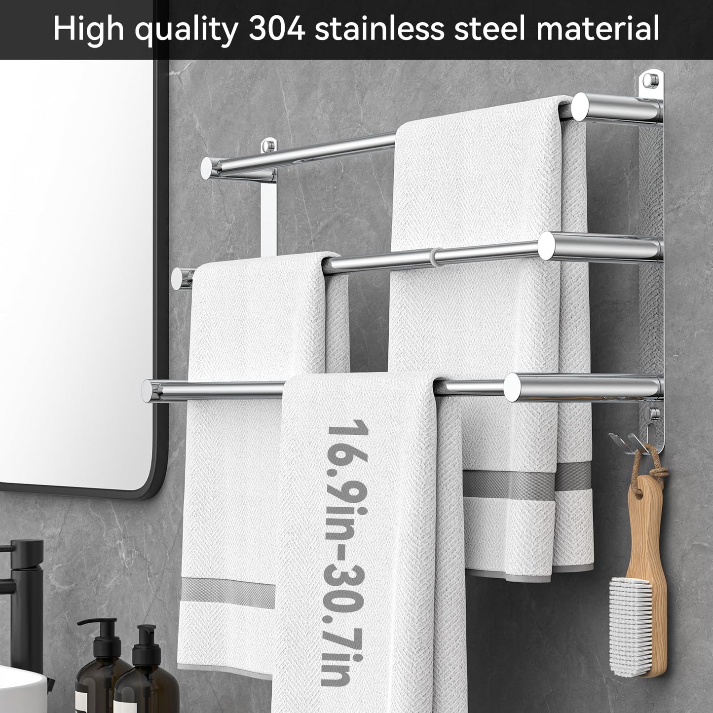 Towel rack Extendable 43-78CM without drilling Stainless steel double towel bar Bathroom Wall adhere bath towel holder wall mount (Silver 3-Bar)