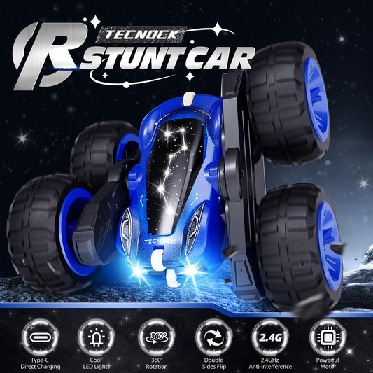 Tecnock 2025 Remote Control Car with 2.4 GHz Remote 360°Flip Stunts Rc Car Monster Truck with Colorful Lights for 6-12 Year Olds Outdoor Toy Gift for Young Children