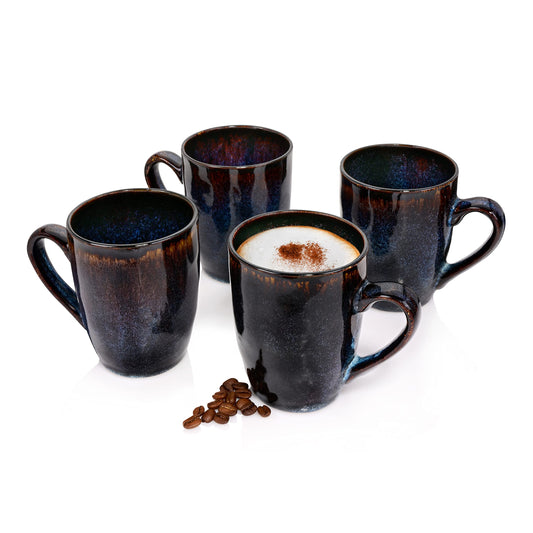 Singer | Coffee cup set Tokyo 4 pcs, coffee mug set for 4 persons, stoneware cup dishwasher safe, handmade cup set, mug set blue-black with brown accents 300 ml | PREMIUM COLLECTION