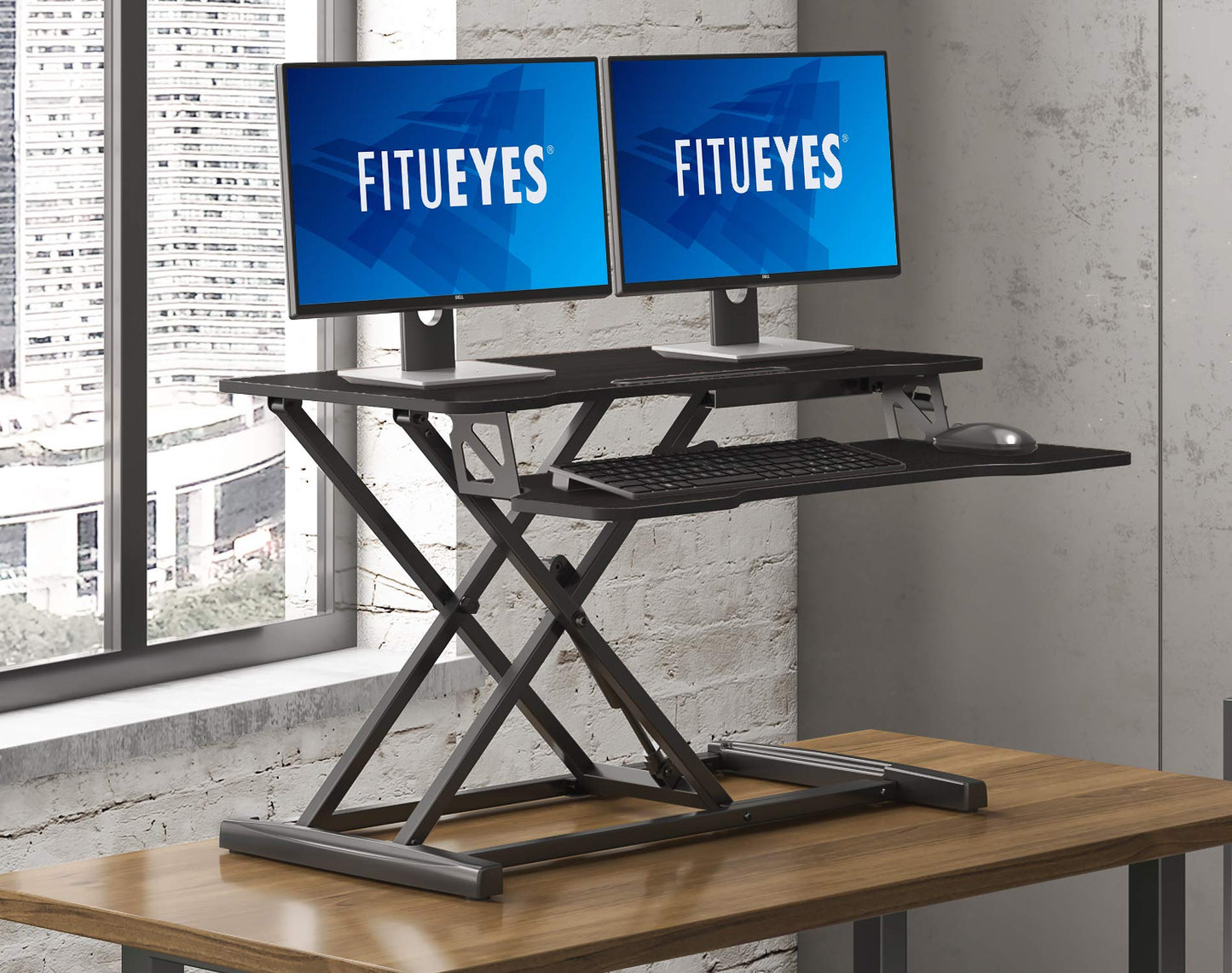 FITUEYES Adjustable Height Desk Riser Office Sit Stand Computer Desk 92 x 40 cm Standing Desk with Keyboard Tray Suitable for Two Monitors Black, SD309101WB