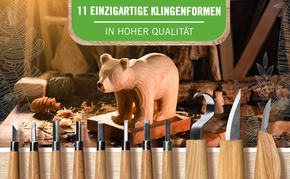 PUREWERK® Wood carving set for adults - 22-piece carving tool set with 11 carving knives, 5 wood blocks, sharpening kit, gloves & carving guide for beginners.