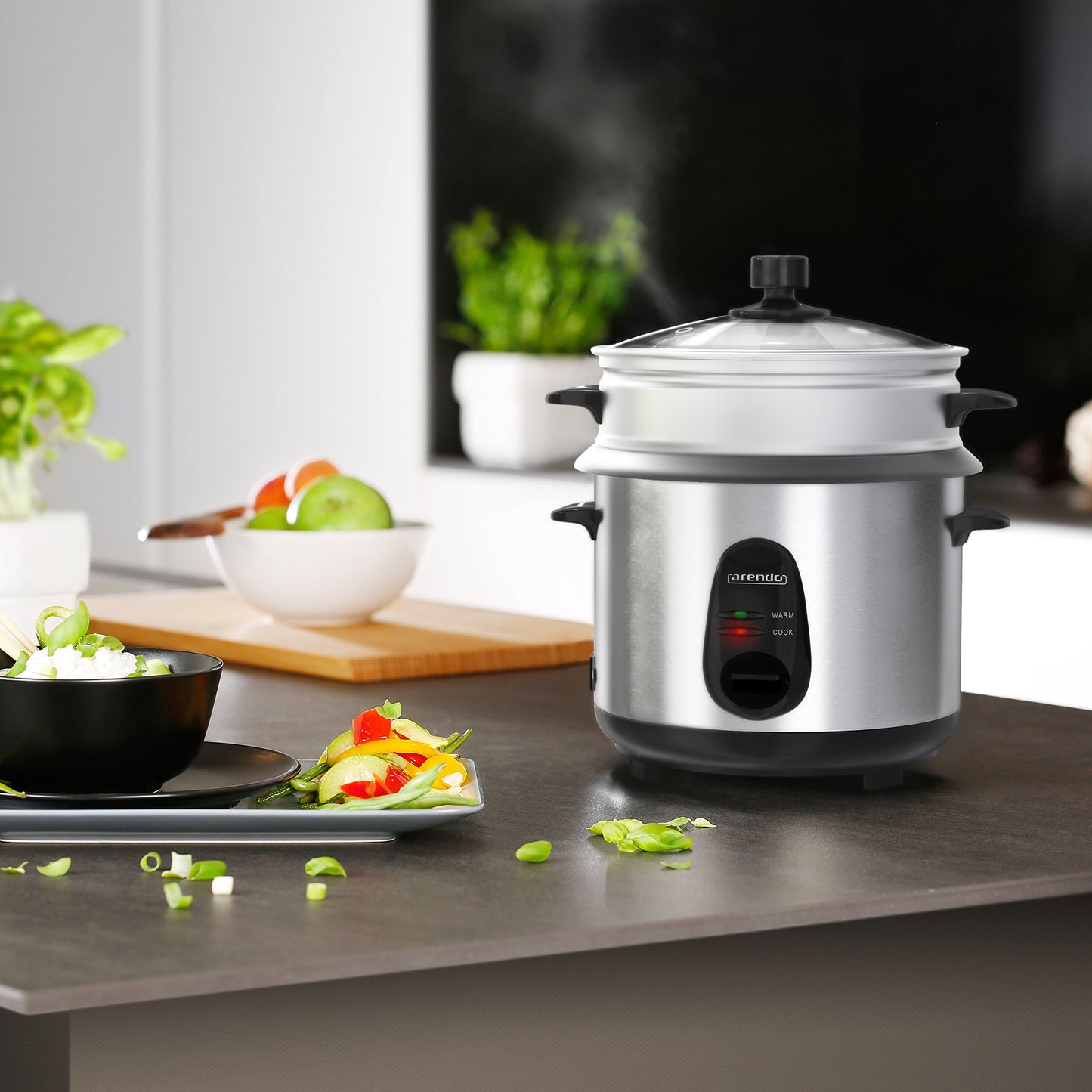 Arendo - Rice cooker stainless steel with keep warm function and steamer function - Steamer - 1.5 liter capacity - Housing brushed aluminum