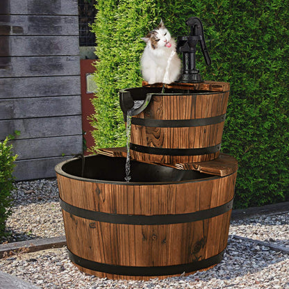 COSTWAY Wooden Fountain, Garden Fountain with Pump, Wood Barrel Ornamental Fountain, for Garden Lawn Terrace Backyard, Fountain Garden Decoration, Brown, Ø 44.5 x 61 cm