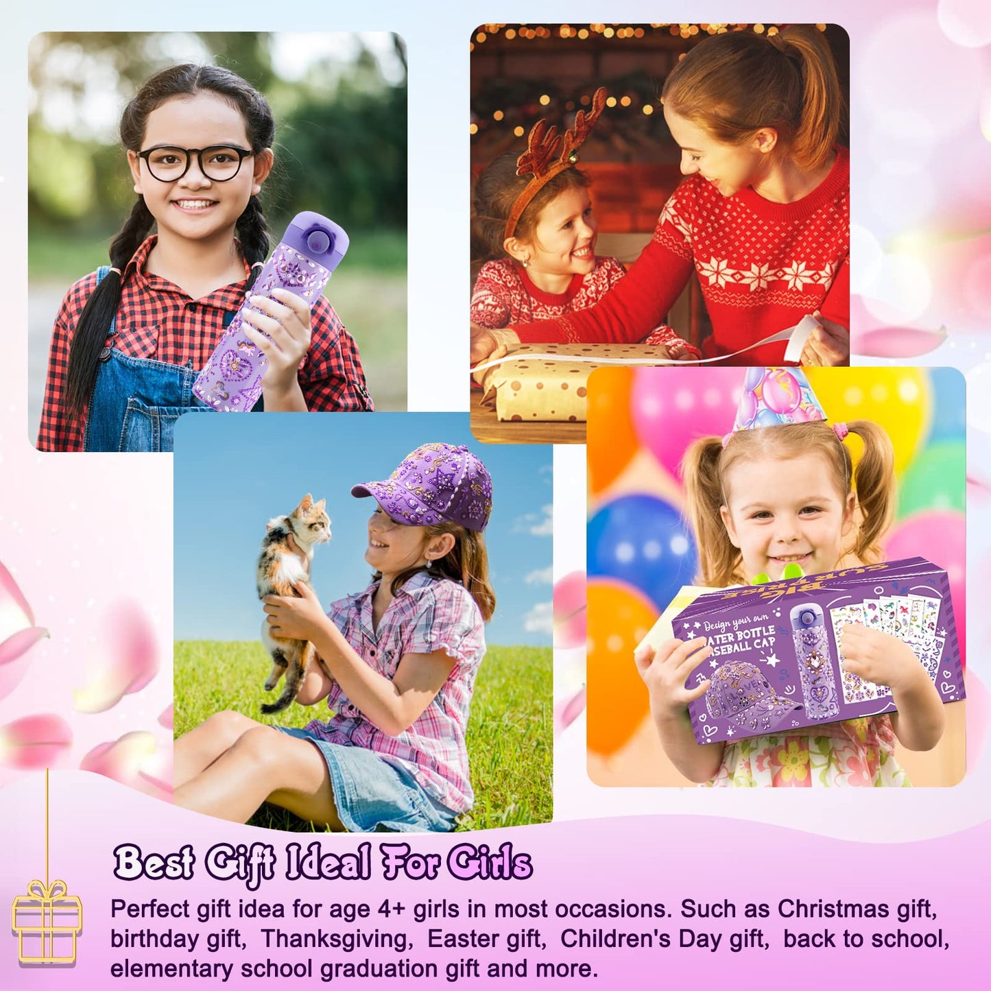 Gifts for girls DIY water bottle baseball cap, customize with gemstone unicorn stickers, back to school birthday gift for girls ages 4-13, hat crafting.