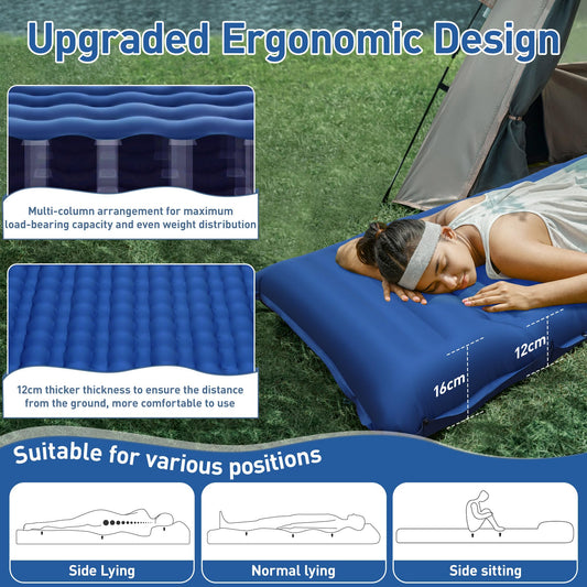 Self-inflating sleeping pad, 12CM Ultralight Inflatable Air Mattress with Camping Pillow, Portable Compact Camping Mat for Camping, Hiking, Backpacking, and Trekking (Navy Blue)
