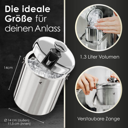 Beyond ice bucket with lid and tongs 100% BPA free made of stainless steel - double-walled ice cooler, 1.3 liters. Ice bucket for ice cubes storage.
