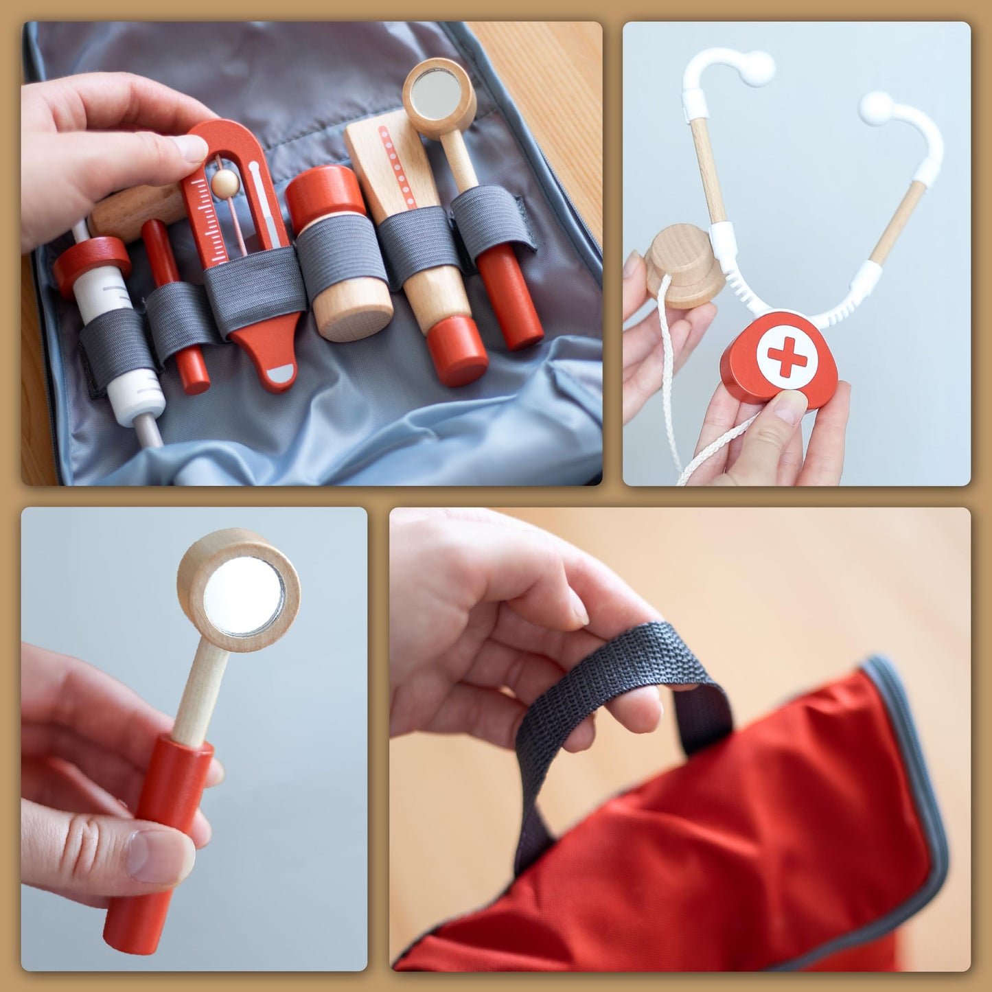 UMU® Mini Doctor Case Children's Play Set made of wood - with stethoscope, blood pressure monitor and more, doctor's case toy for role-playing, 14-piece medical kit for children aged 3, 4, 5 years.