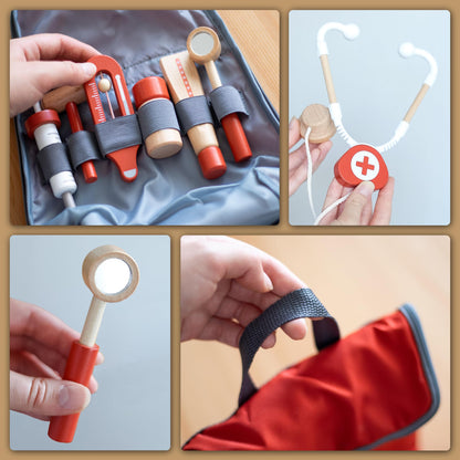 UMU® Mini Doctor Case Children's Play Set made of wood - with stethoscope, blood pressure monitor and more, doctor's case toy for role-playing, 14-piece medical kit for children aged 3, 4, 5 years.