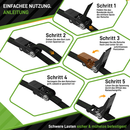 Hardtwerk® ratchet tie-down straps (4 pieces) - 6m, 1000kg clamping force, TÜV & GS certified - Versatile ratchet straps for professional use - trailers, luggage & camping, black