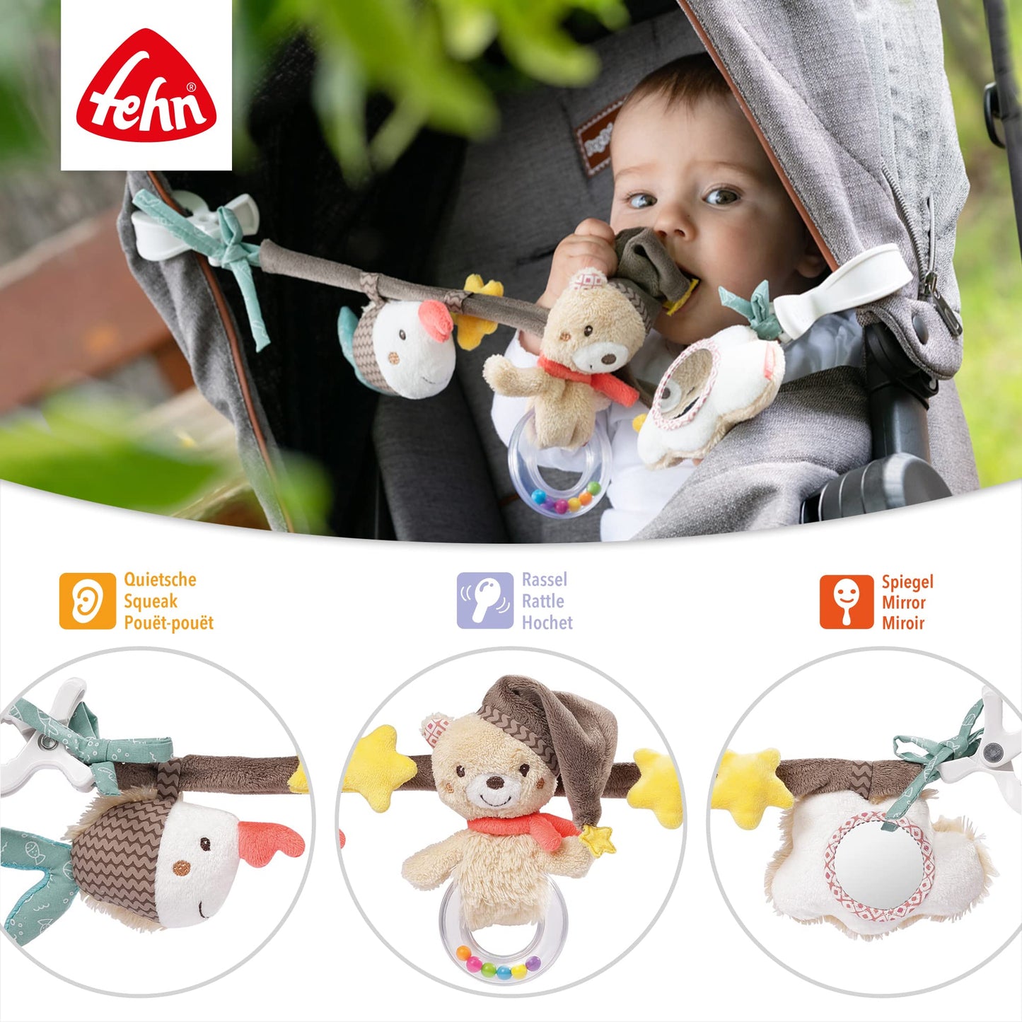 Fehn stroller chain toy Bruno - baby mobile chain with cute figures to hang on strollers, car seats, or cribs - stroller accessory for babies and children from 0+ months.