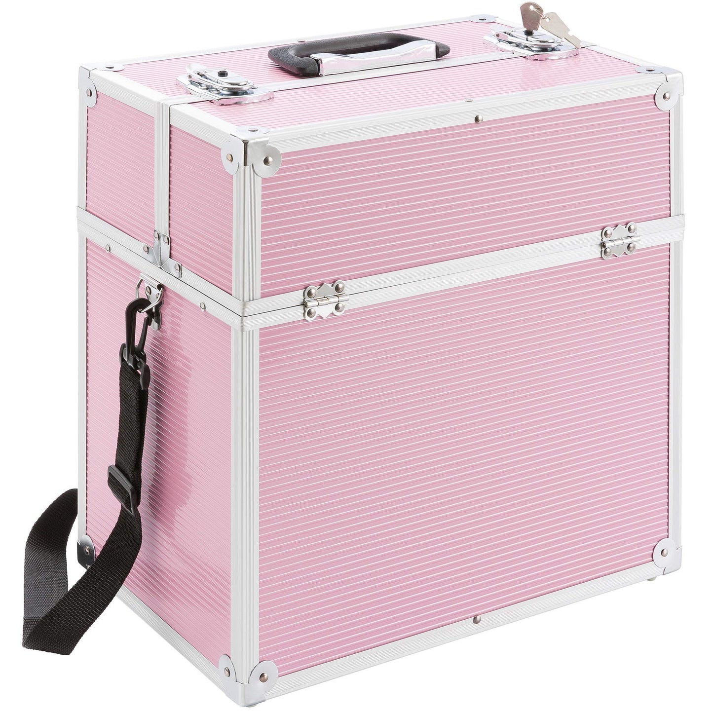 Arebos cosmetic case | 26L | with carrying strap | 13 compartments | aluminum | with lock & key | fold-out shelves | customizable with 8 dividers | 39 x 36 x 23 cm | Pink.