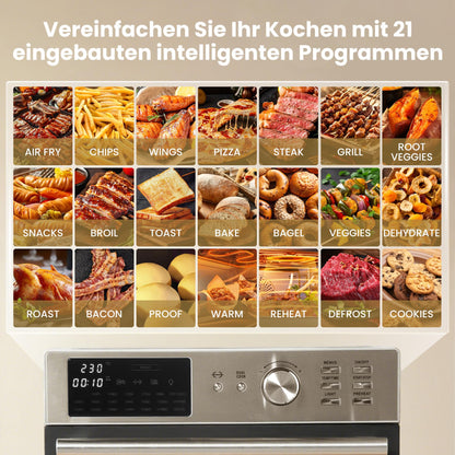 OIMIS Air Fryer XXL 30L 1800W, mini oven with convection, 21 in 1 electric pizza oven with timer, 7 accessories, cookbook, Dual Cook, Airfryer, grilling, baking, Stainless steel.