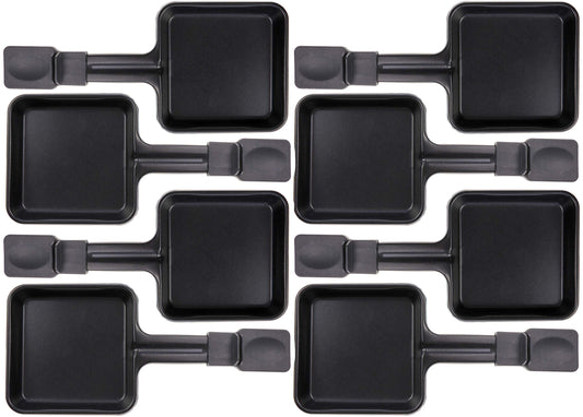 8x Raclette Pans 23178 10x10cm, Extra Long Handle, Universal for Raclettes (dimensions in text)