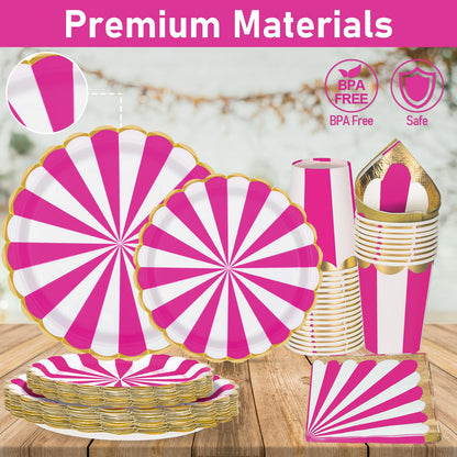 PARTY GO 96 Piece Partyware Set, Circus-themed Partyware Set, Peach and White Striped Circus-themed Birthday Tableware, Circus Party Supplies (24 Guests)