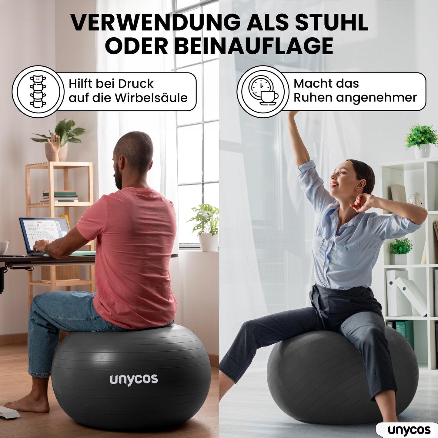 unycos - Exercise ball 65 cm stability ball training ball for yoga, fitness, medicine ball, balance ball, core training strength, Pilates ball | Incl. pump, BPA-free, anti-burst (grey with logo)