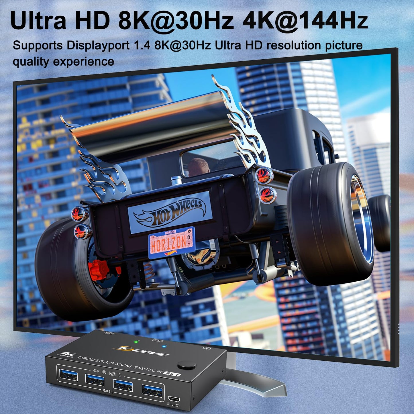 USB3.0 KVM Switch Displayport 2 Ports 4K@144Hz, ESKEVE KVM Switch 2 PC 1 Monitor 8K@30Hz for sharing 1 monitor and 4 USB3.0 devices between 2 PCs. Includes USB cable and desktop controller.