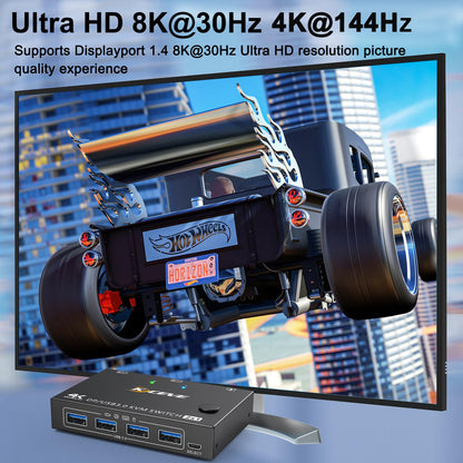 USB3.0 KVM Switch Displayport 2 Ports 4K@144Hz, ESKEVE KVM Switch 2 PC 1 Monitor 8K@30Hz for sharing 1 monitor and 4 USB3.0 devices between 2 PCs. Includes USB cable and desktop controller.