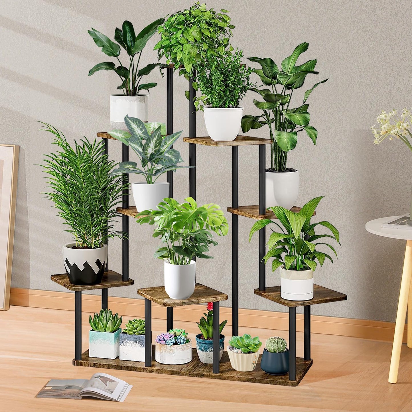 YOCOMEY 9-Tier Wooden Flower Rack Plant Stand, Multi-layered Flower Shelf Plant Holder Flower Bench Flower Stair Plant Stand for Indoor Garden Balcony Decoration (Black)