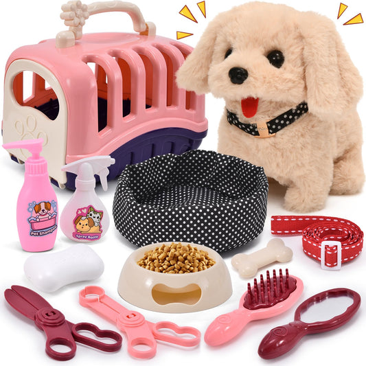 Tacobear dog toy that walks, barks, and wags its tail. Electric plush dog with leash, dog cage, interactive pet, stuffed animal gift for kids, girls aged 3-6 years.