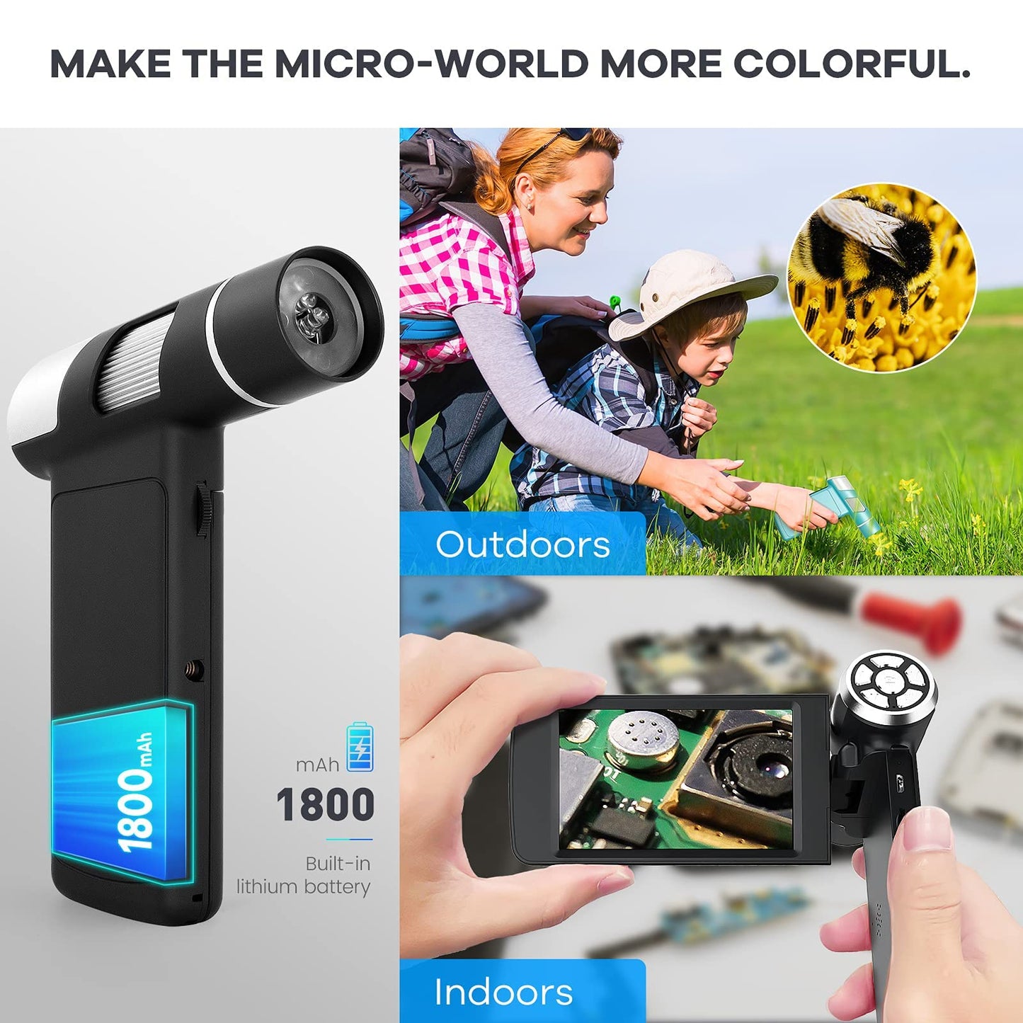 Andonstar AD203 Portable Handheld Digital Microscope, Pocket Microscope with 4-inch screen for kids and adults, Black metal bracket, USB coin microscope, supports PC.