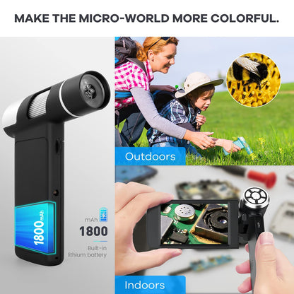 Andonstar AD203 Portable Handheld Digital Microscope, Pocket Microscope with 4-inch screen for kids and adults, Black metal bracket, USB coin microscope, supports PC.