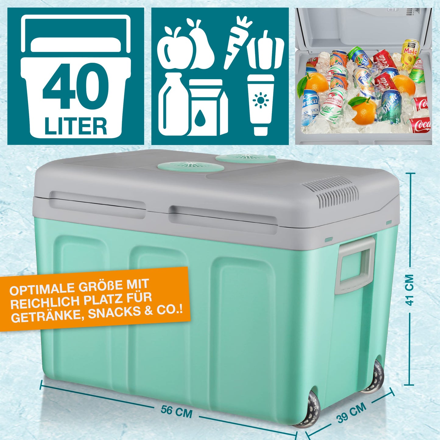 TOM 2in1 XXL cooler 40l with cooling and heating function – electric coolbox with wheels – 230V & 12V power connection – Electric – for car, camping, RV & Co – Plus gift (Mint)