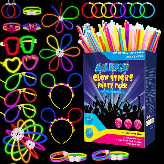 Millegu Glow Sticks Party Set, 200 glow sticks 252 connectors, neon glow stick necklaces and glow glasses for kids, decorations for festivals weddings Christmas party New Year's Eve decor 2025