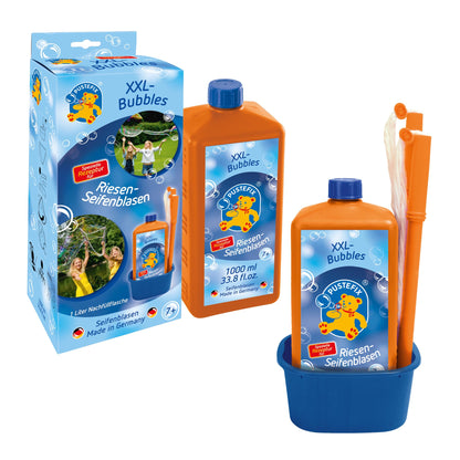 PUSTEFIX XXL-Bubbles + refill bottle Maxi 1 liter I Bubble solution and accessories I Colorful bubbles Made in Germany I For weddings, children's birthdays, civil ceremonies, bachelor parties I Giant bubbles
