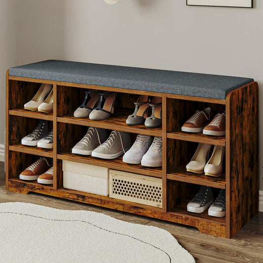 Hzuaneri shoe bench, shoe rack with seat, storage bench, cushion, 9 compartments, 30 x 103 x 52.7 cm, adjustable shelves, for living room, hallway, bedroom, vintage brown SB10001X