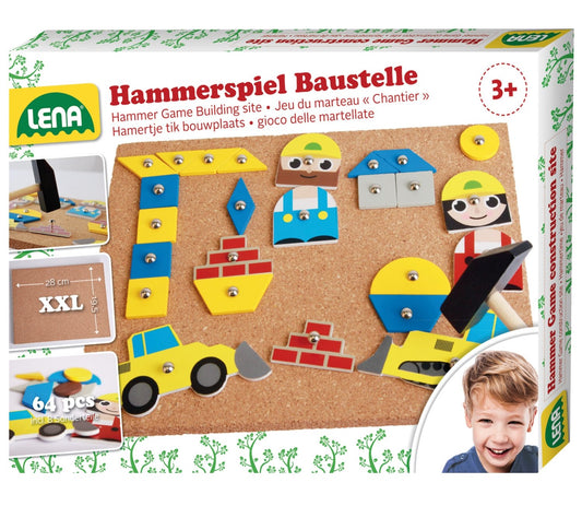Lena 65828 Hammer Game, nail game with 64 colorful construction pieces, approx. 28 x 19.5 cm & Hammer Game Vehicles, with 64 colored pieces in different shapes, approx. 28 x 19.5 x 1.4 cm