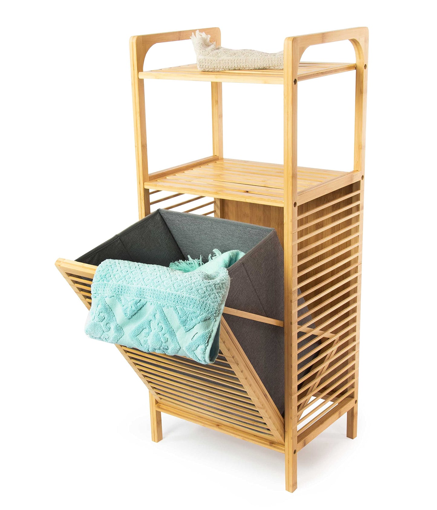 osoltus Edge laundry sorter - Bamboo bathroom shelf with foldable laundry basket - laundry cabinet - bathroom organizer - laundry sorting system - 40x30x90 cm