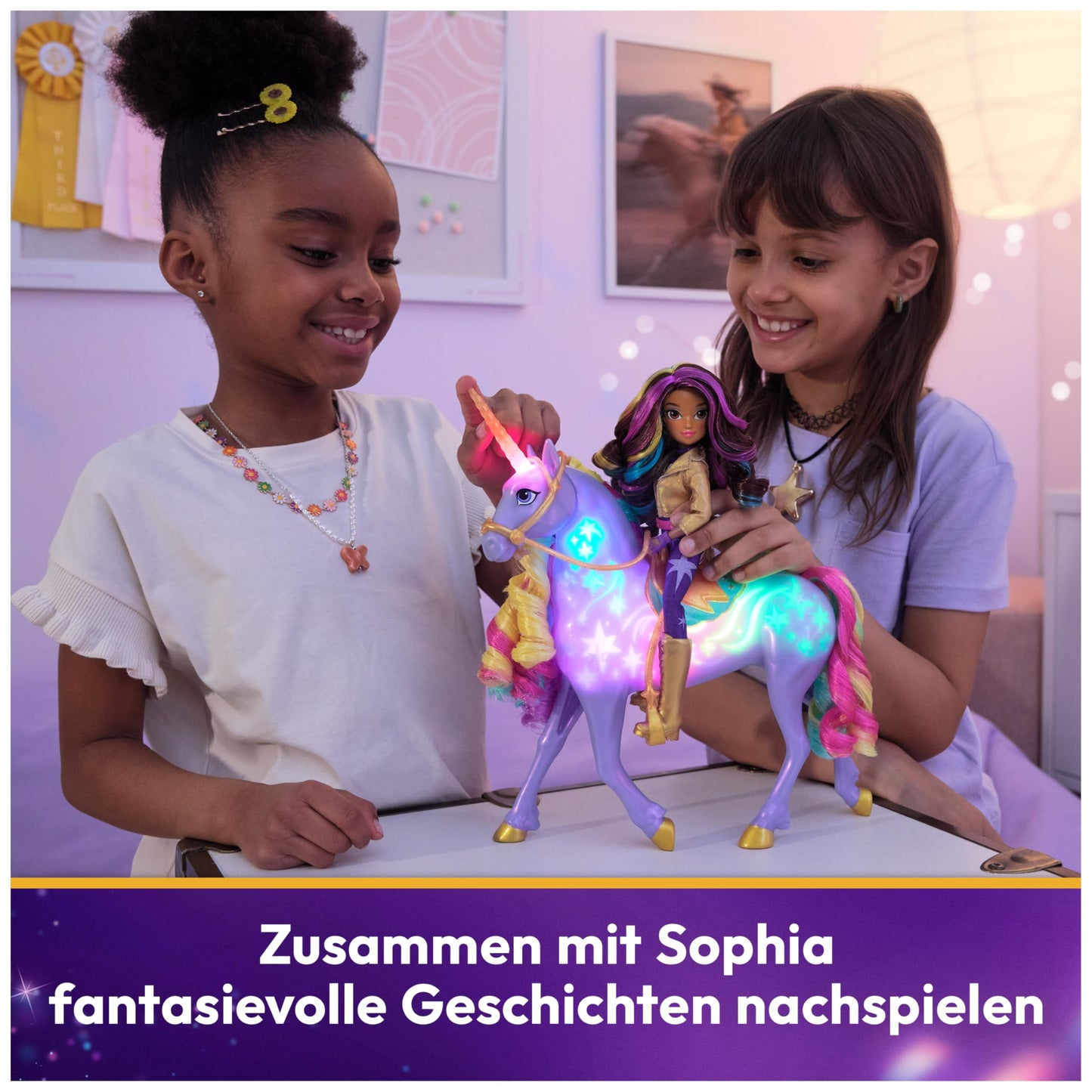 Unicorn Academy Set - Sophia and Light-Magic Wildstar, approx. 28 cm tall unicorn with light effects and music, plus 24 cm tall dress-up doll from the popular Netflix series, for kids ages 4 and up.