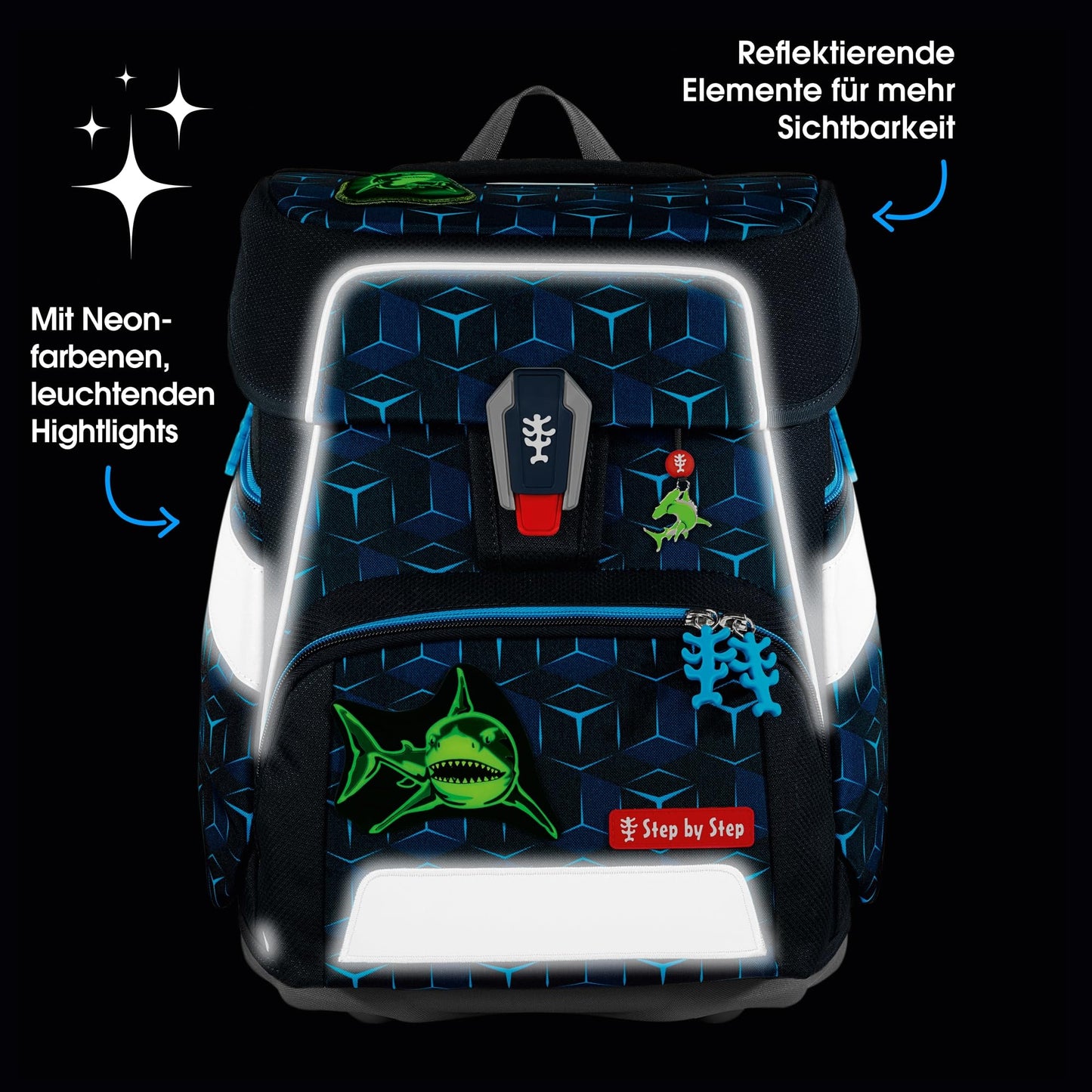 Step by Step school bag set "Space Shine Shark Dexter” 5-piece, ergonomic reflective material backpack, height-adjustable, for 1st grade onwards, 20L capacity, blue-black, shark-themed.
