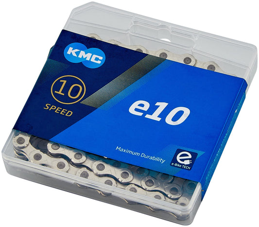 Bicycle chain, KMC bicycle chain, e10 Silver, 1/2" x 11/128", 122 links, 10-speed, silver