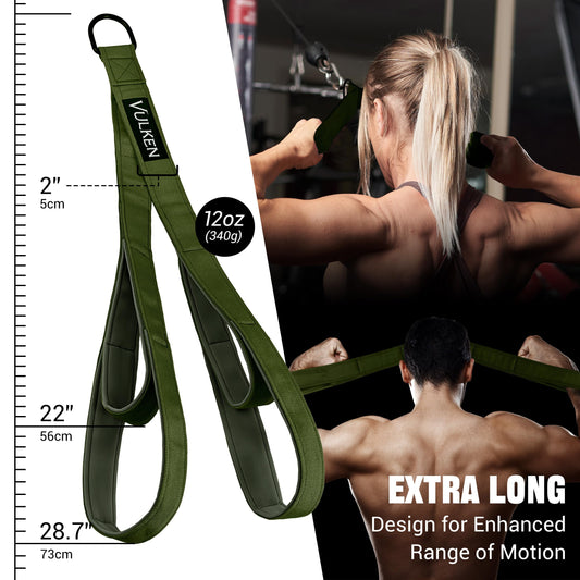 Vulken tricep rope cable attachment, 28.7 inches & 22 inches, two lengths, integrated rope, extendable, tricep extension straps, fitness equipment, green