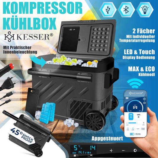 KESSER® Compressor Cooler Box electric 61 liters | Camping Freezer with LED touch | With APP control & Cooling packs USB connection 12/24 V 230V | Fridge cooling up to -20°C for car truck anthracite black